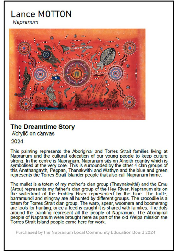 Lance Motton - The Dreamtime Story, Acrylic on canvas, 2024. Napranum.